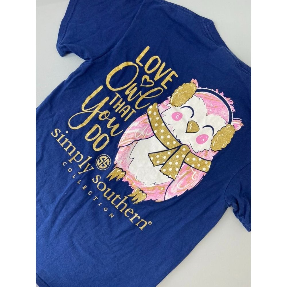 Simply Southern women's navy blue small‎ pocket tee Owl graphic gold glitter